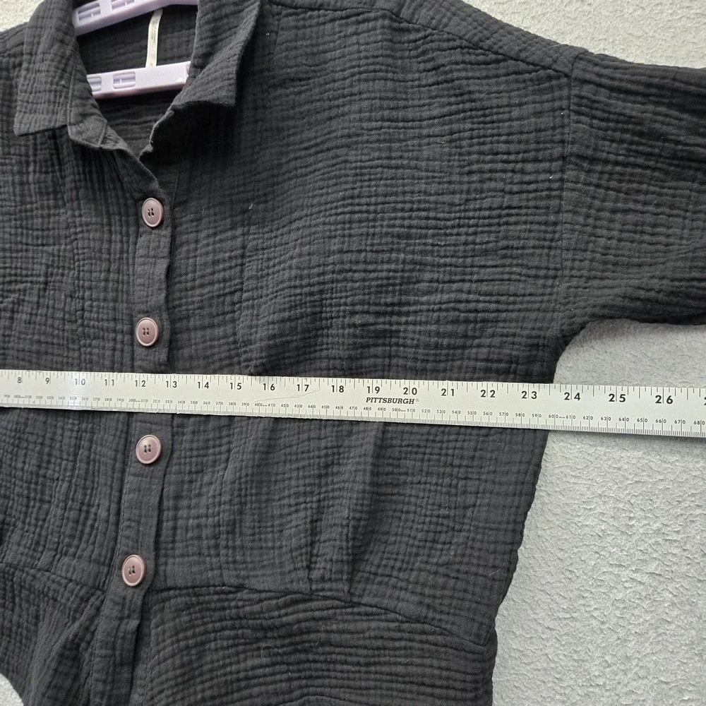 Free People Women Blouse M Black Sunstreaks Tie Front Button Down Cropped Collar